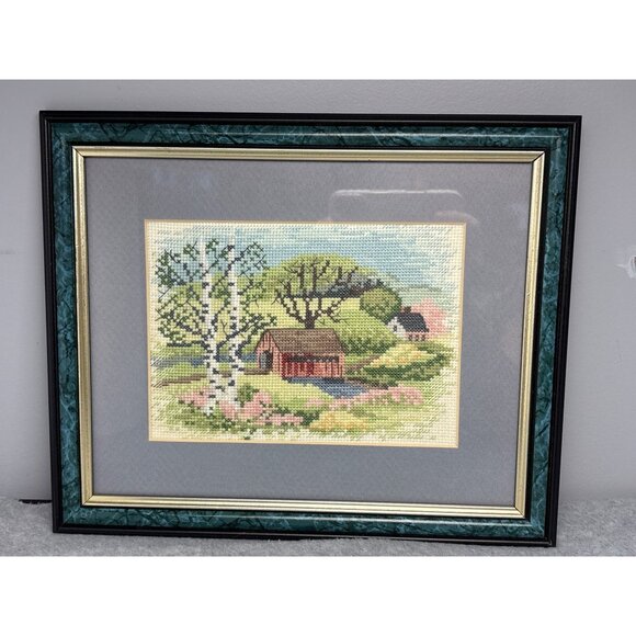 Framed Vintage Needlepoint Art with Landscape Scene - Picture 1 of 6